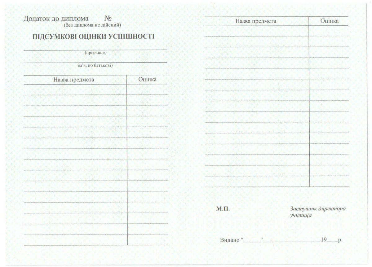 Диплом ПТУ образца 1993-1999 года - приложение к диплому